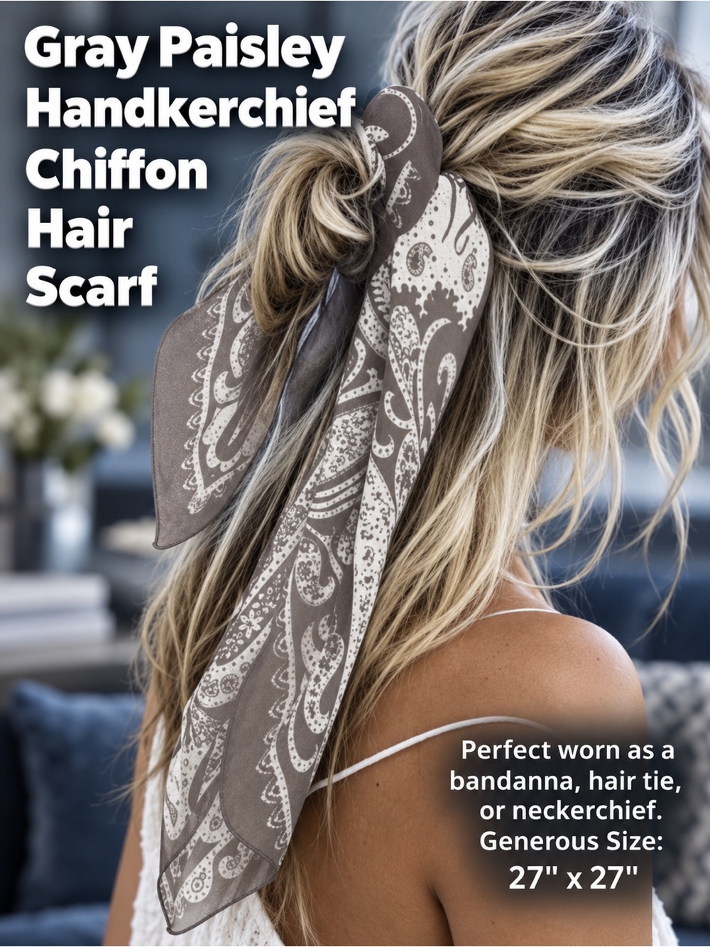 Chiffon Hair Scarf ~ Gray Paisley